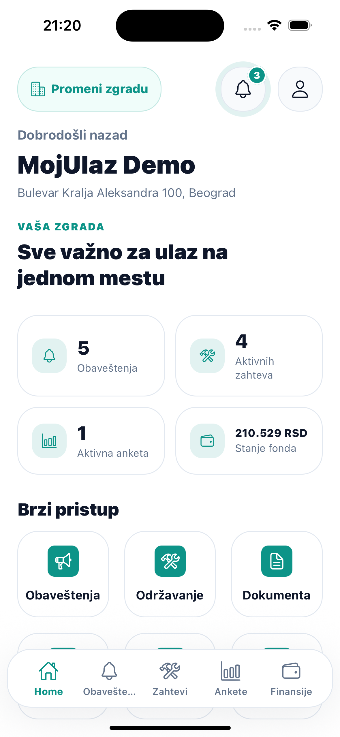 MojUlaz mobilna aplikacija za stanare — početni ekran sa obaveštenjima i kvarovima