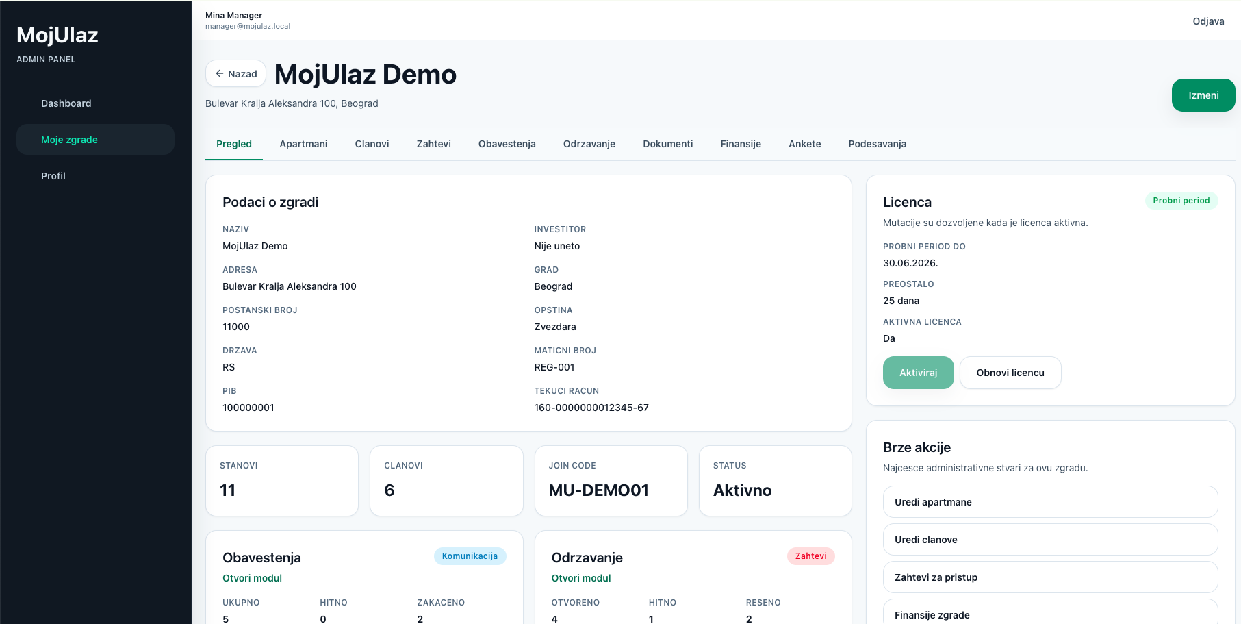 MojUlaz softver za upravljanje stambenim zajednicama — admin panel sa pregledom zgrade